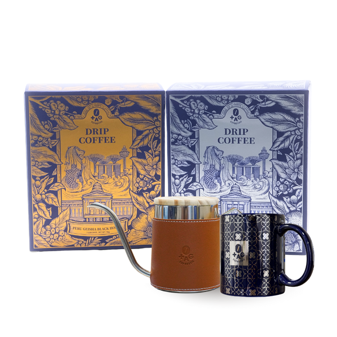 TAG Espresso Limited Drip Coffee Bundle, Signature Blend + Peru Geisha + Gooseneck Kettle + Limited Ceramic Mug