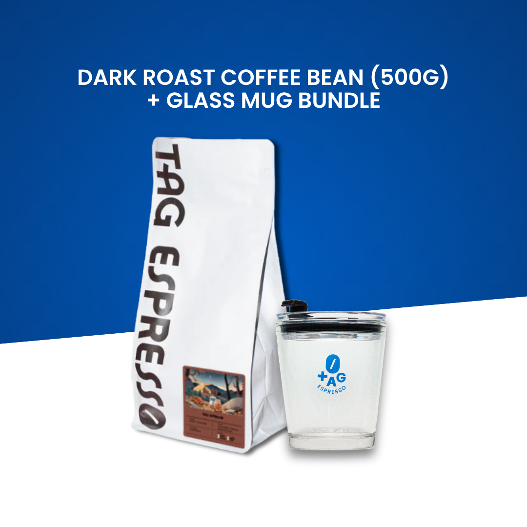 TAG Espresso Seasonal Blend Dark Roast Arabica Coffee Beans 500g with Glass Mug Gift Set